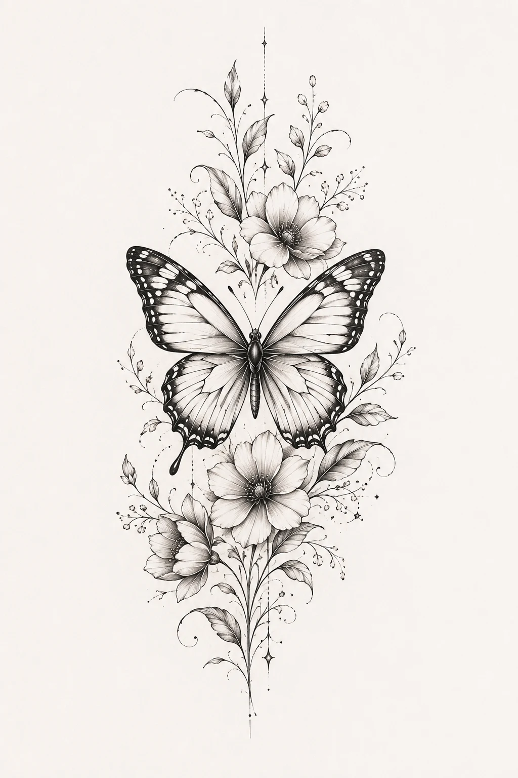 Fine-Line Butterfly Tattoo Design with Floral Details — butterfly tattoo design style outfit