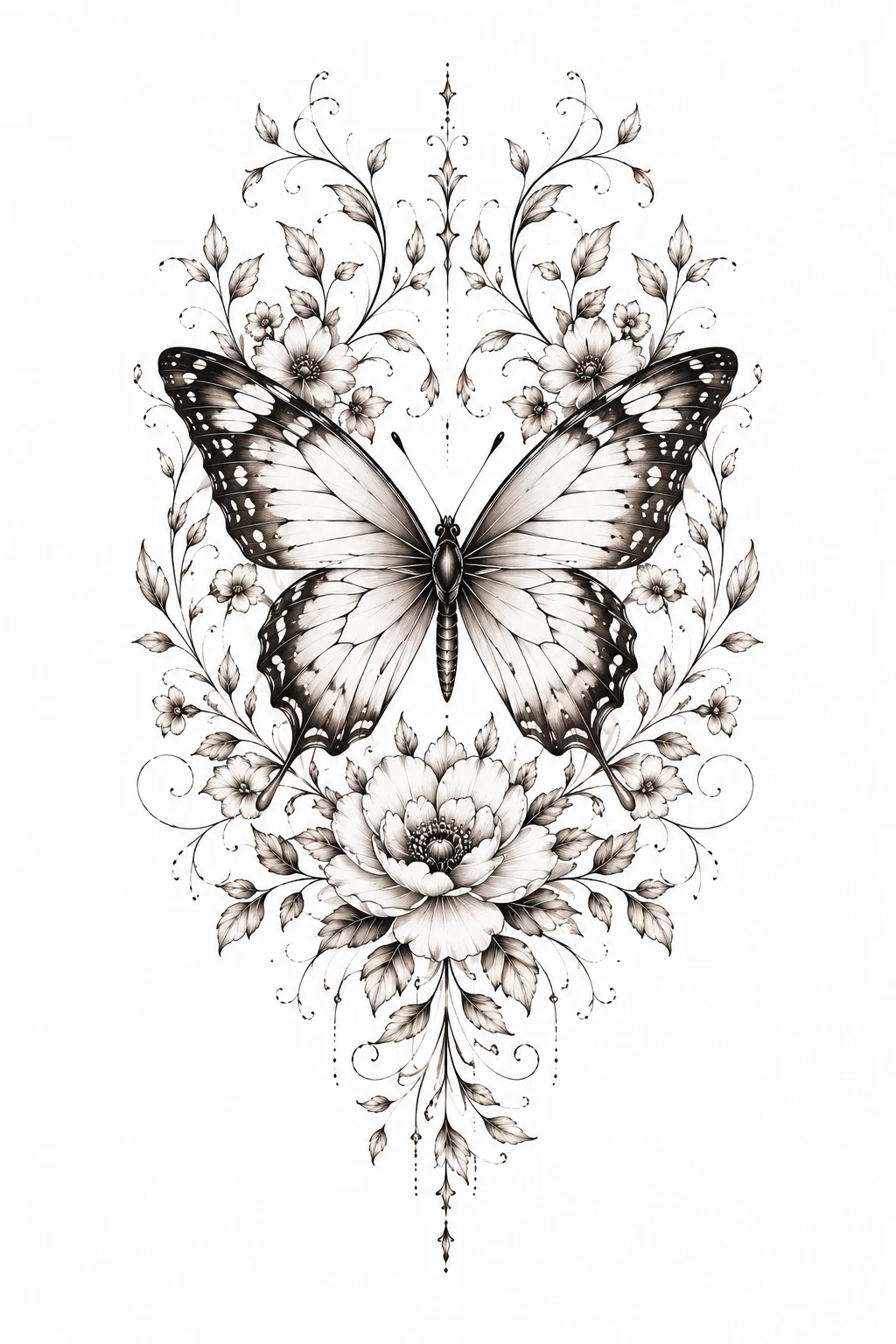 Butterfly Tattoo Design Back Piece with Botanical Wings — butterfly tattoo design style outfit