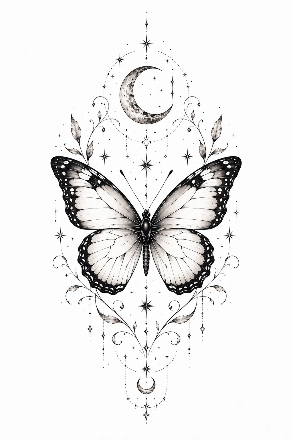 Celestial Butterfly Tattoo Design with Moon and Stars — butterfly tattoo design style outfit