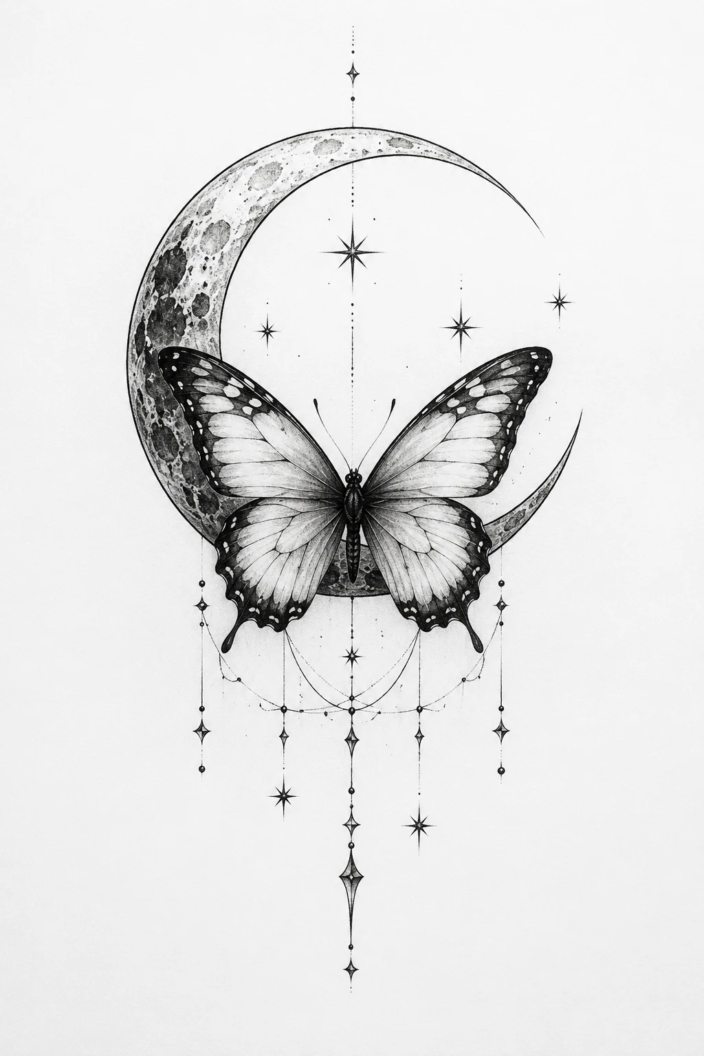 Butterfly and Crescent Moon — Celestial Style — butterfly tattoo on hand style outfit