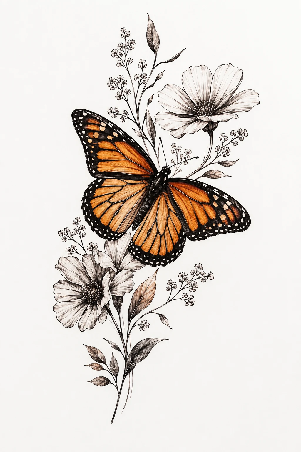 Monarch Butterfly Tattoo with Botanical Details — butterfly tattoo style outfit