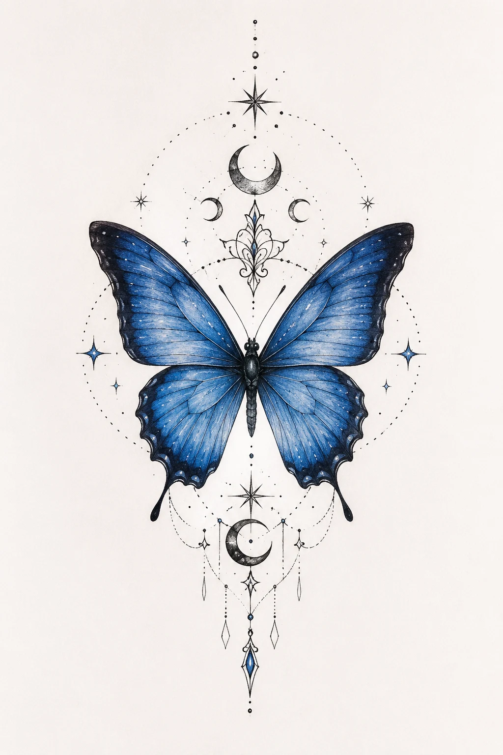 Blue Butterfly Tattoo with Celestial Elements — butterfly tattoo style outfit