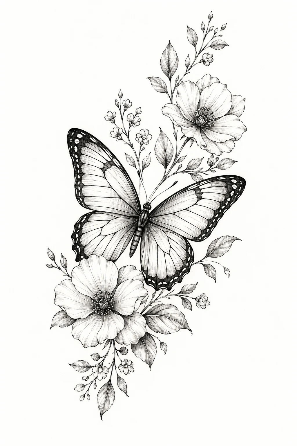 Floral Butterfly Tattoo Stencil with Blooming Details — butterfly tattoo stencil style outfit