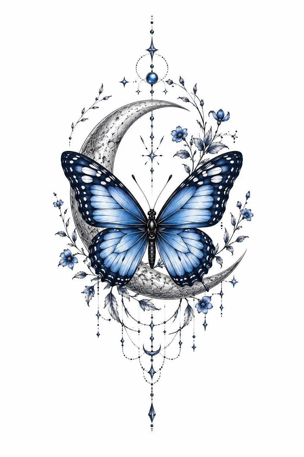 Blue Butterfly with Crescent Moon — butterfly thigh tattoo style outfit