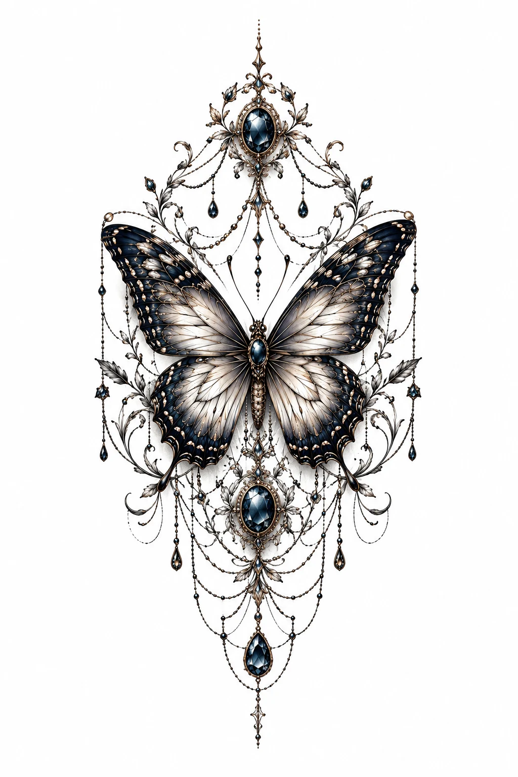 Ornamental Butterfly with Jewelry Details — butterfly thigh tattoo style outfit