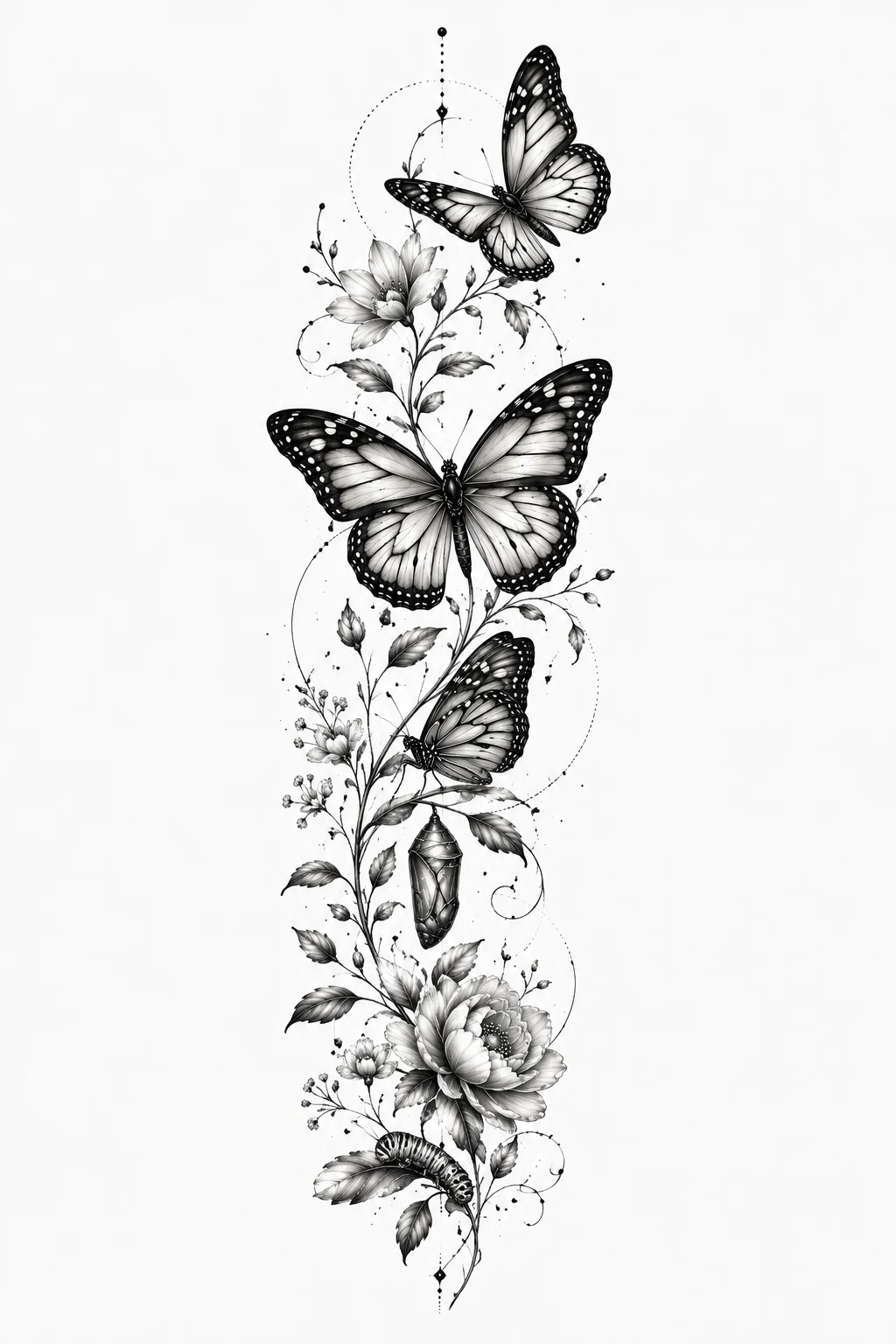 Transformation Butterfly with Botanical Trail — butterfly thigh tattoo style outfit