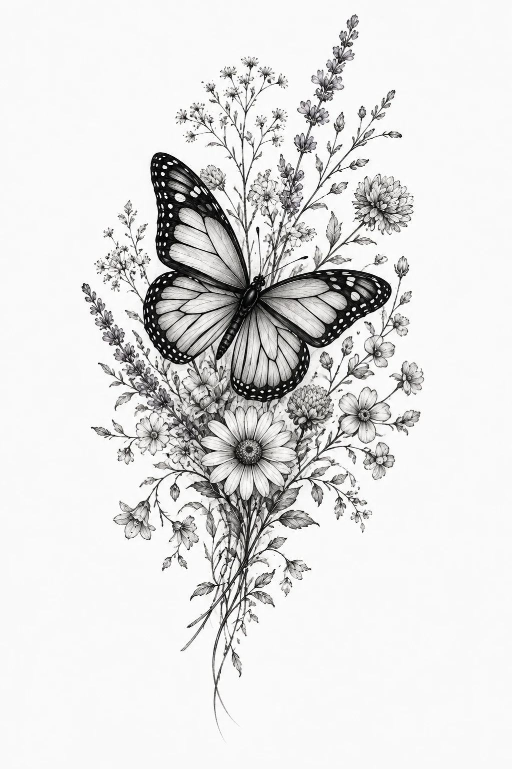Butterfly Thigh Tattoo with Wildflowers — butterfly thigh tattoo style outfit