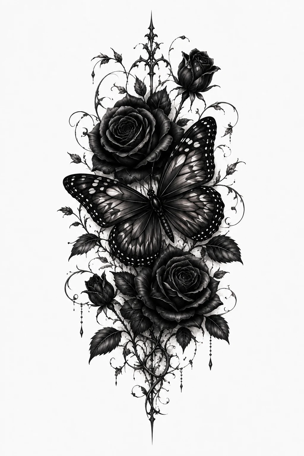 Gothic Butterfly with Black Roses — butterfly thigh tattoo style outfit