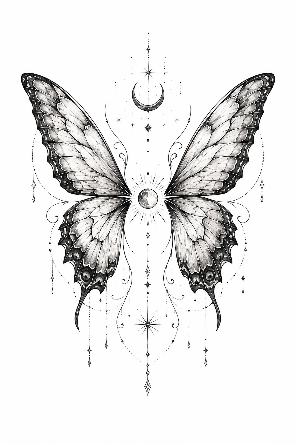 Butterfly Wing Tattoo on Back With Celestial Details — butterfly wings tattoo style outfit