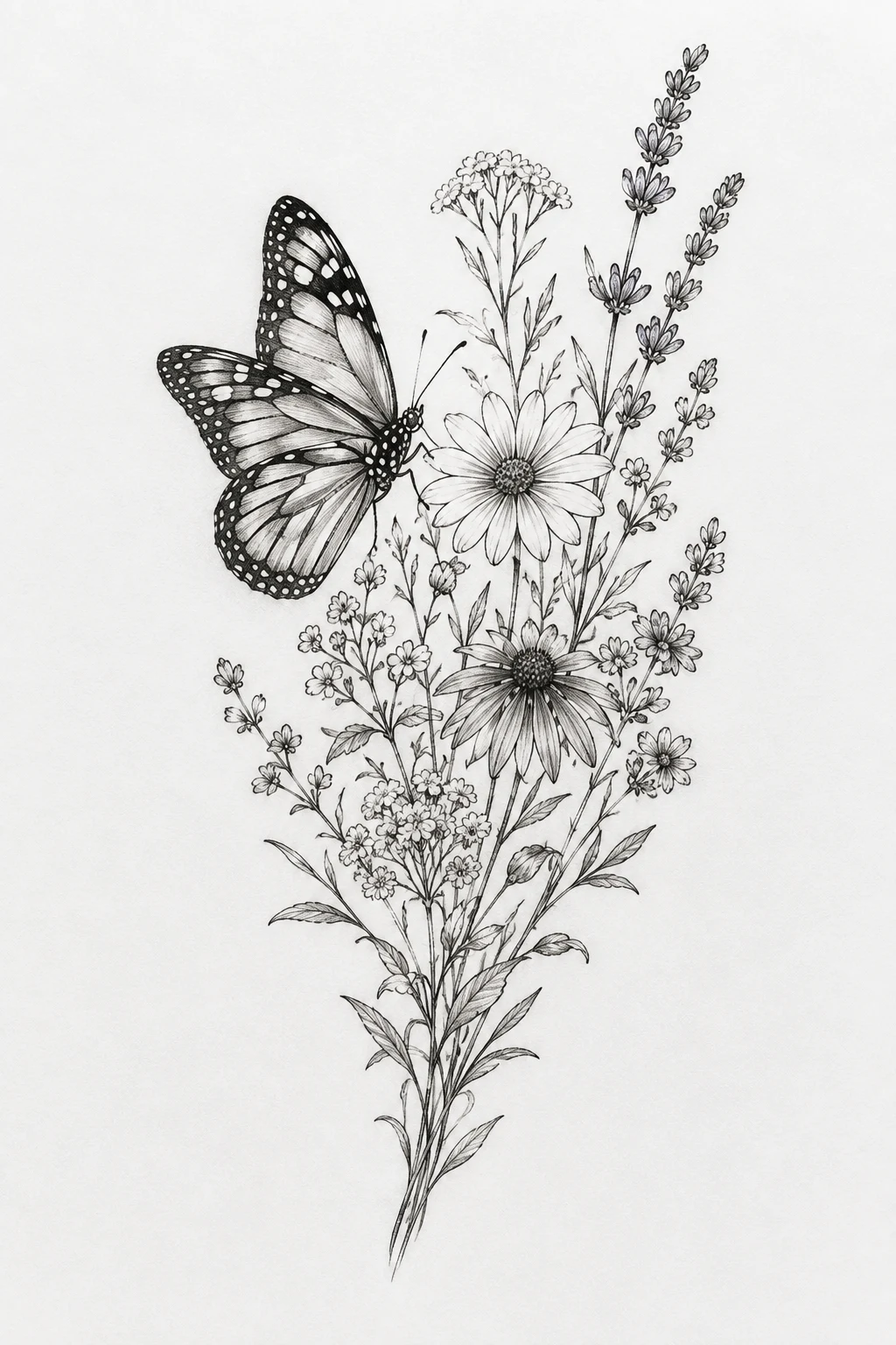 Fine-Line Butterfly With Wildflowers — butterfly with flowers tattoo for women style outfit