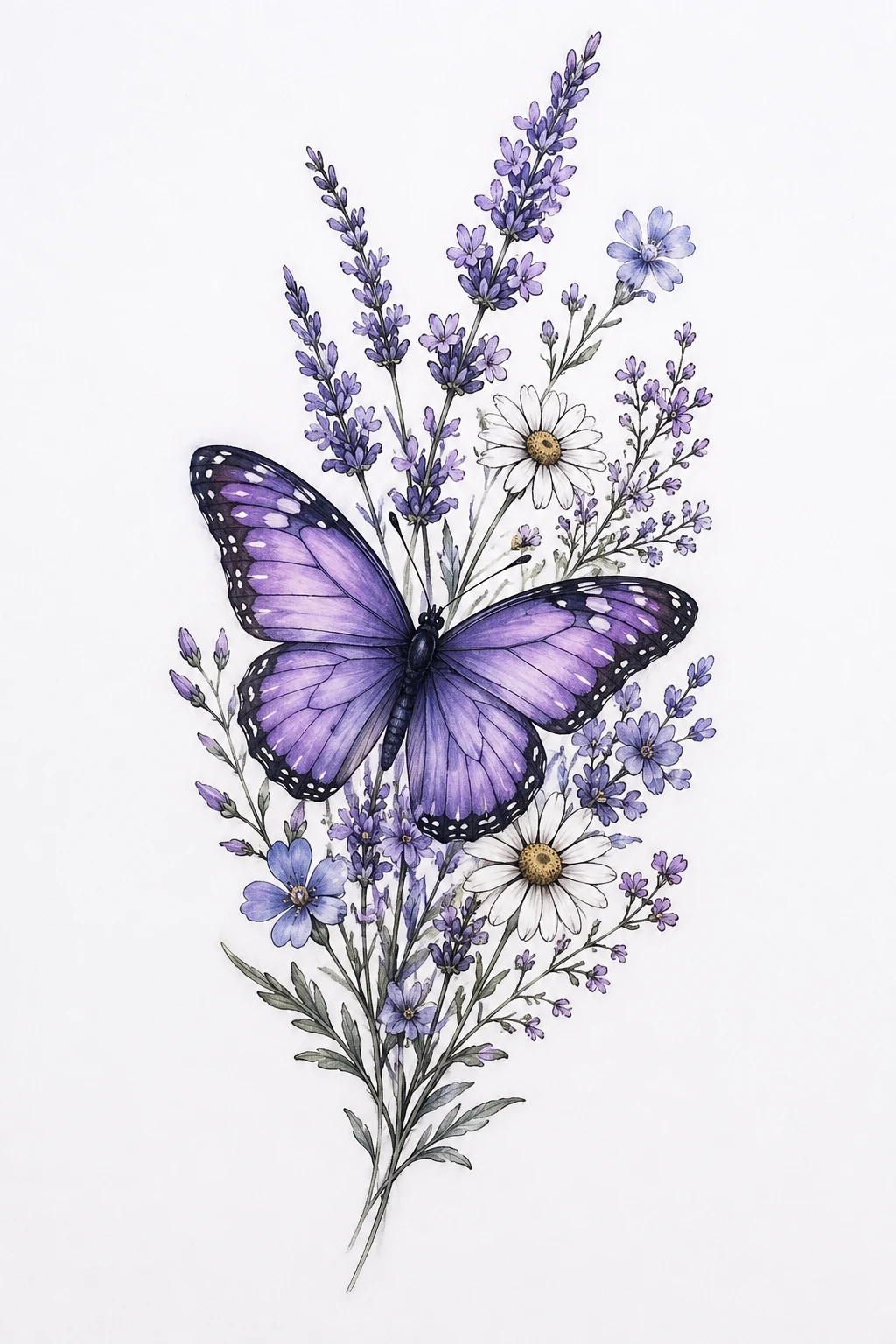 Lavender Butterfly With Wildflowers — butterfly with flowers tattoo for women style outfit
