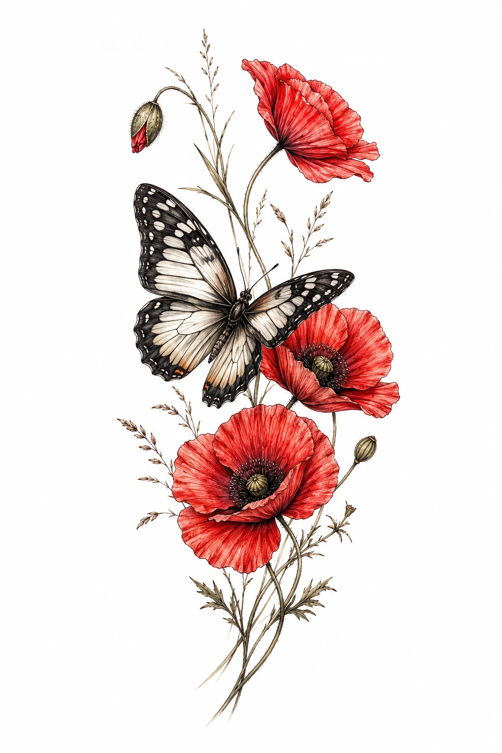 Butterfly With Red Poppies — butterfly with flowers tattoo for women style outfit