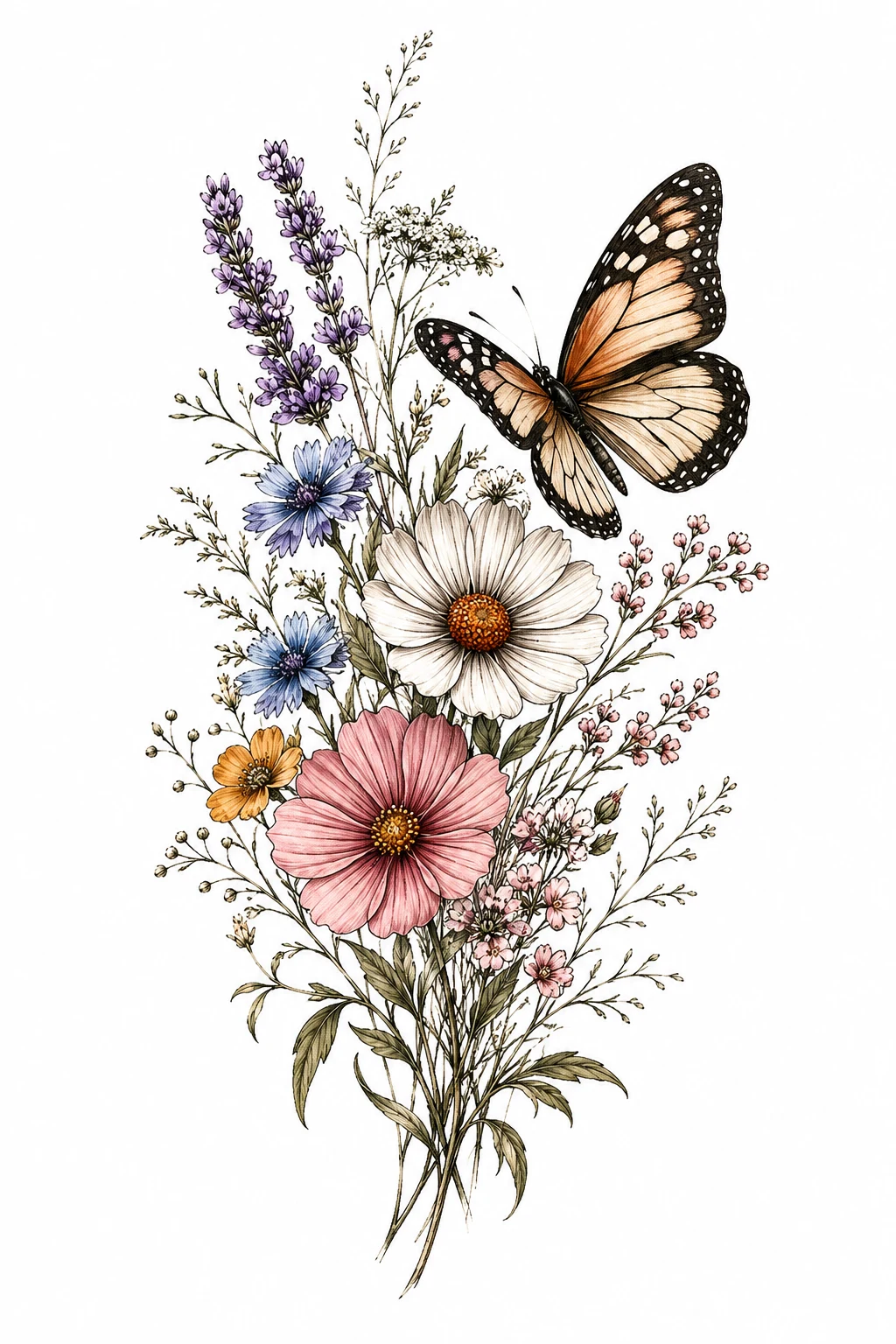 Butterfly With Wildflower Bouquet — butterfly with flowers tattoo for women style outfit