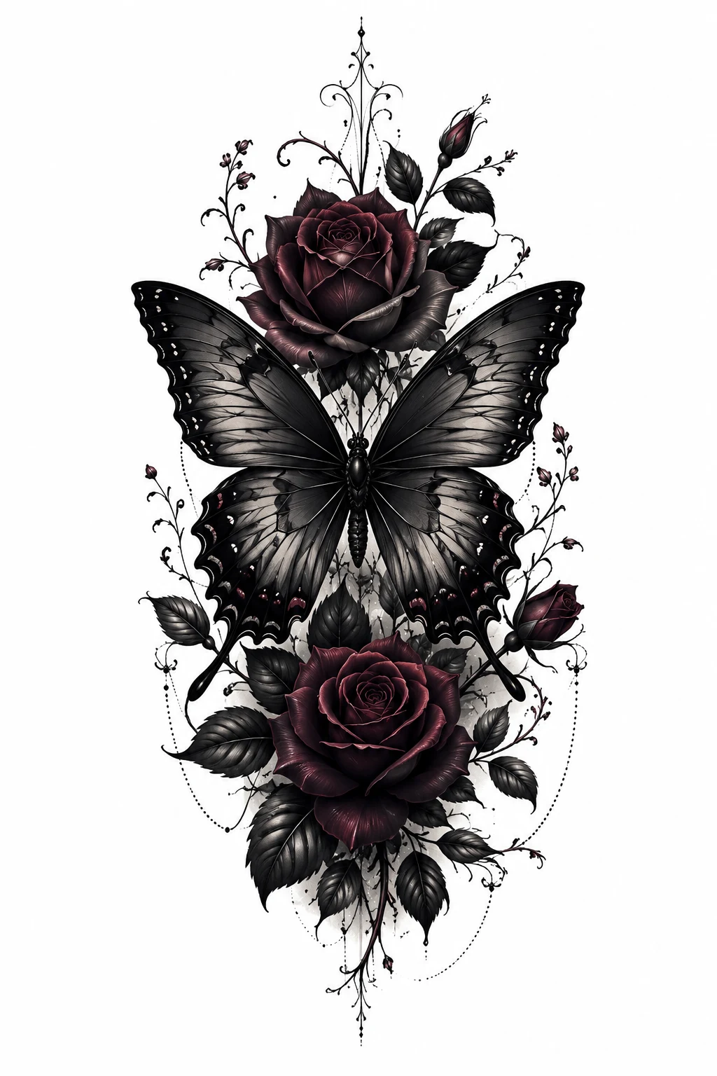 Gothic Butterfly With Dark Roses — butterfly with flowers tattoo for women style outfit