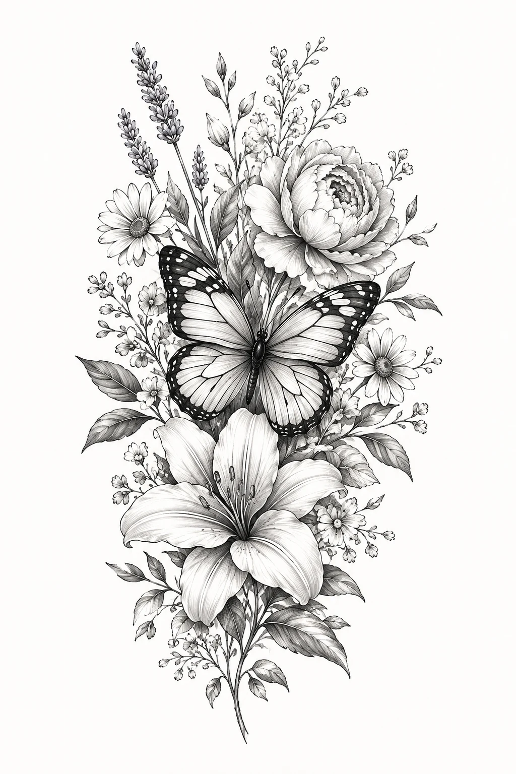 Butterfly With Seasonal Flower Mix — butterfly with flowers tattoo for women style outfit