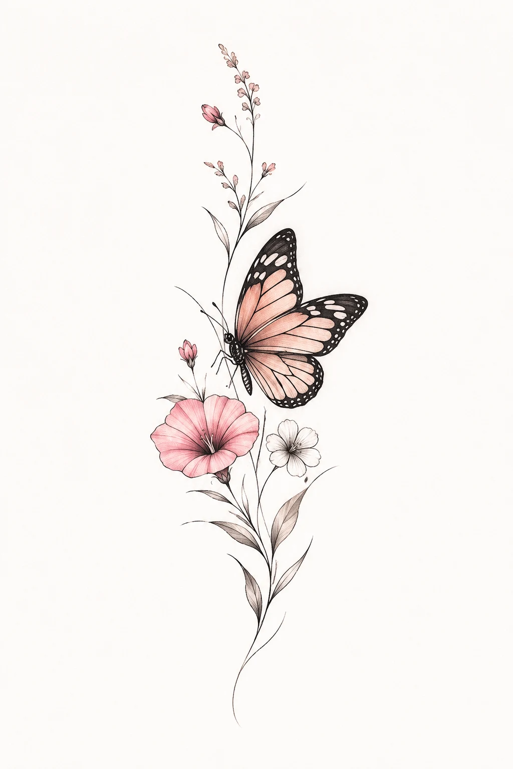 Minimal Butterfly and Flower Tattoo — butterfly with flowers tattoo for women style outfit