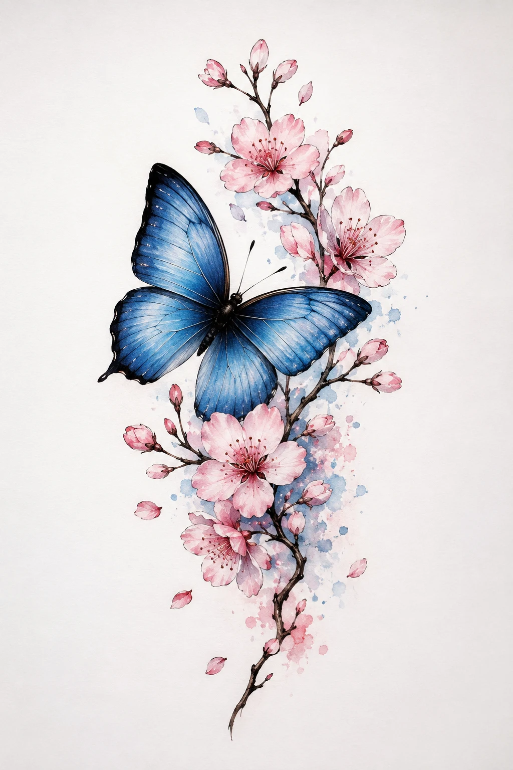 Blue Butterfly With Cherry Blossoms — butterfly with flowers tattoo for women style outfit
