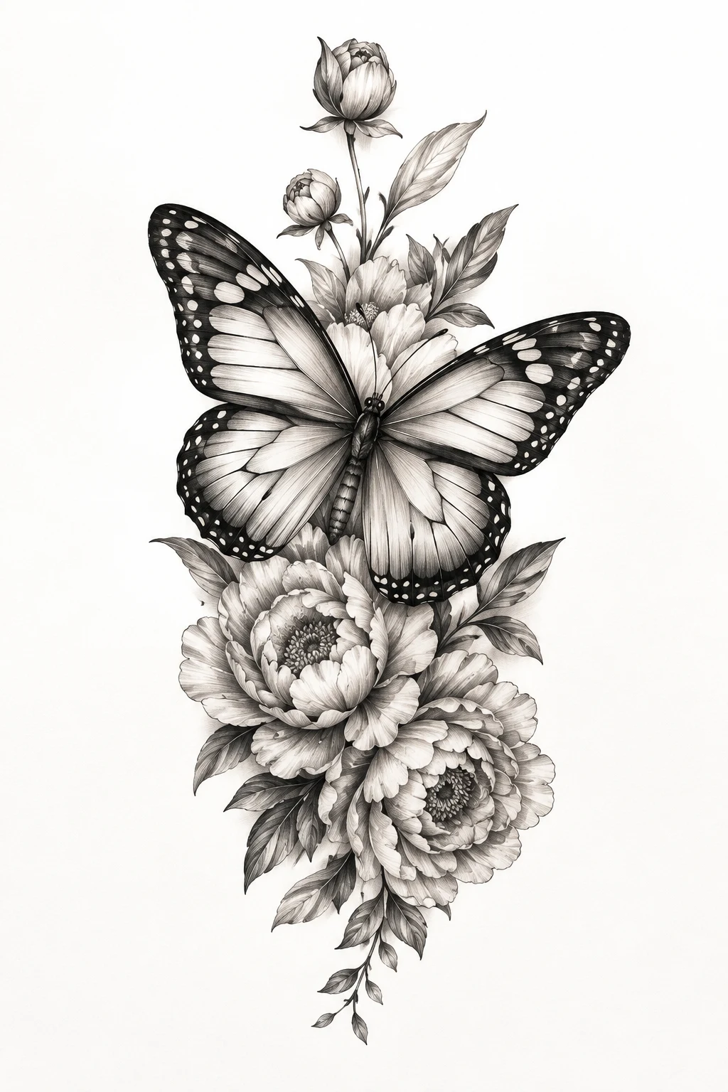 Butterfly and Peony Transformation Tattoo — butterfly with flowers tattoo for women style outfit