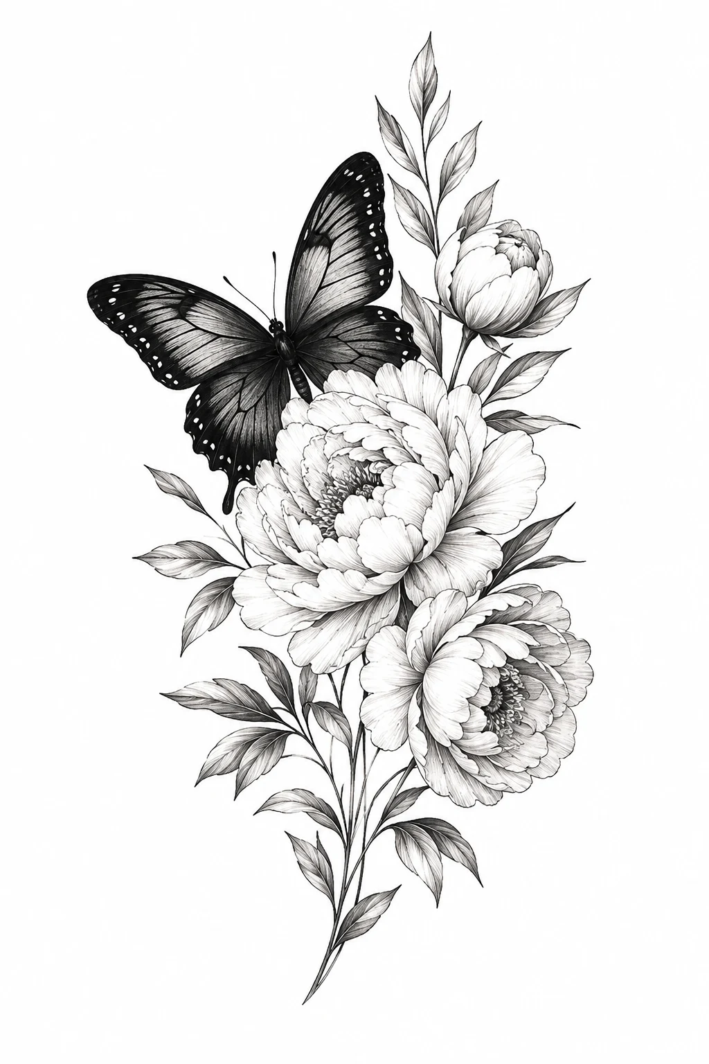 Black Butterfly With Fine-Line Peonies — butterfly with flowers tattoo for women style outfit