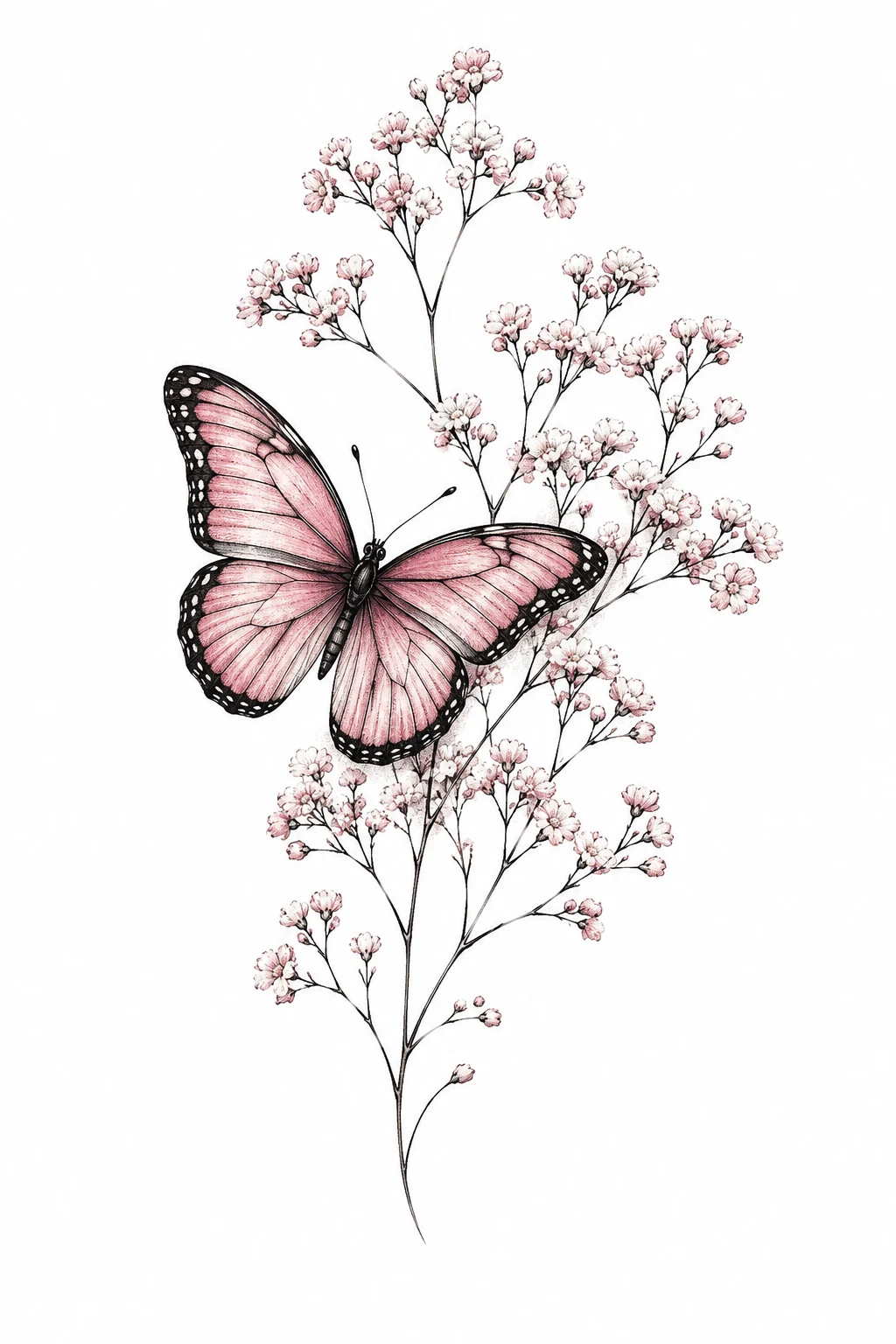 Pink Butterfly With Baby's Breath — butterfly with flowers tattoo for women style outfit