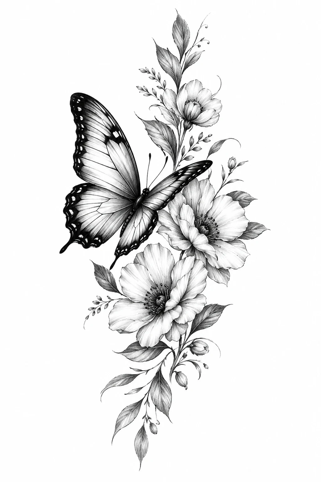 Black-and-Gray Butterfly Flower Tattoo — butterfly with flowers tattoo for women style outfit