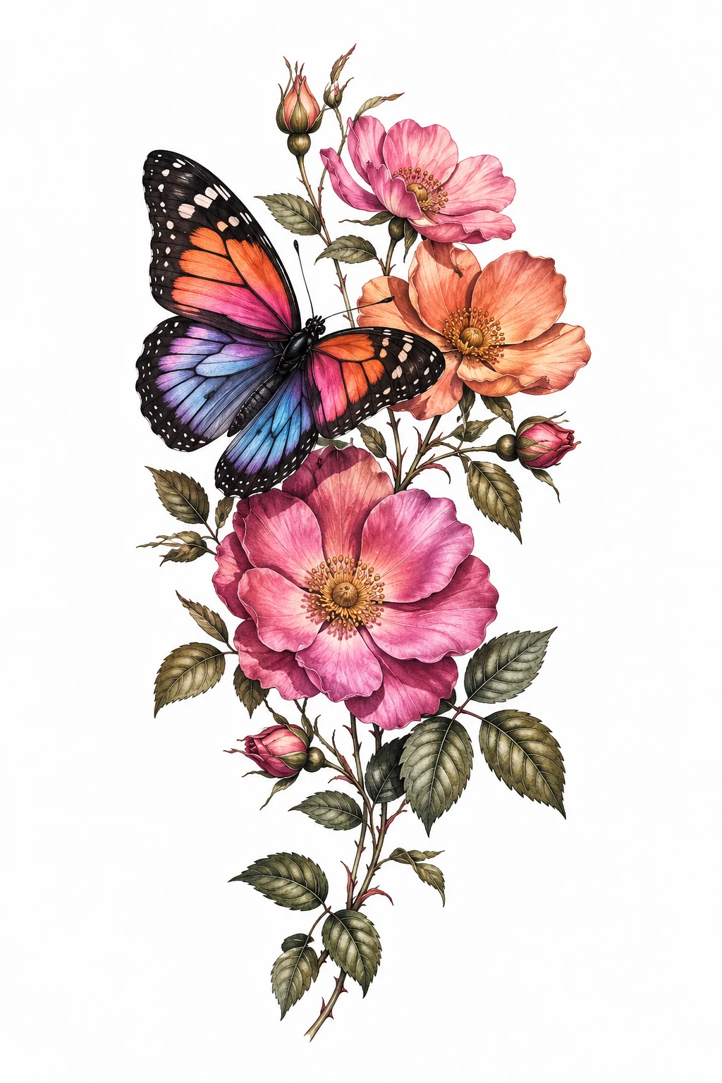 Colorful Butterfly With Wild Roses — butterfly with flowers tattoo for women style outfit