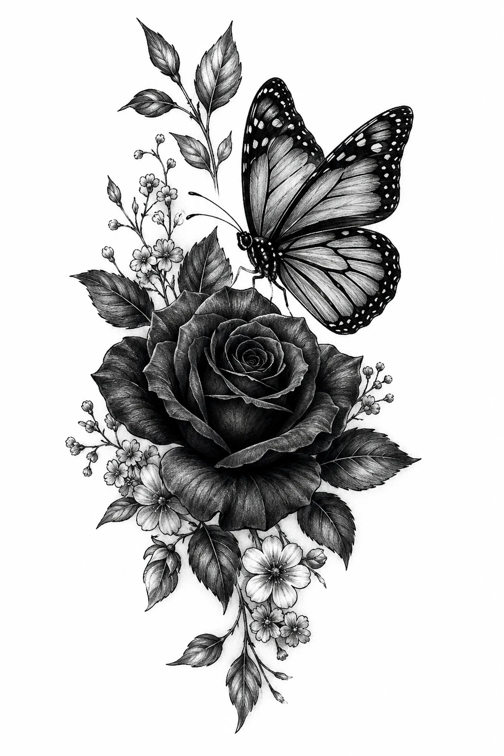 Black Rose Butterfly With Flowers Tattoo — butterfly with flowers tattoo style outfit