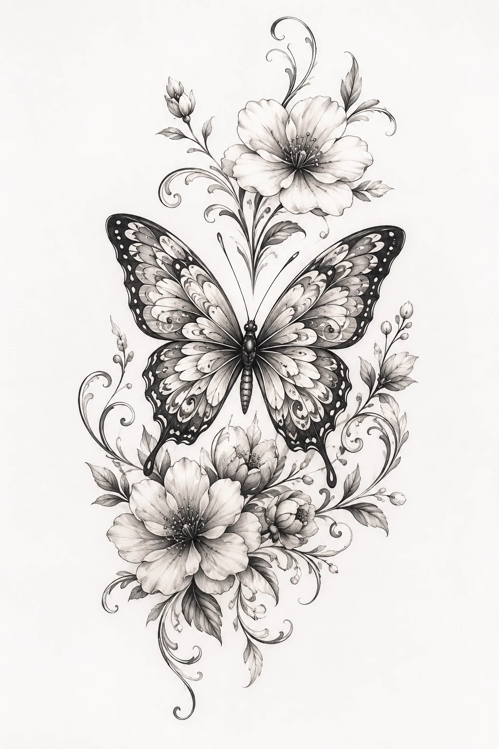 Ornamental Butterfly With Floral Details — butterfly with flowers tattoo style outfit