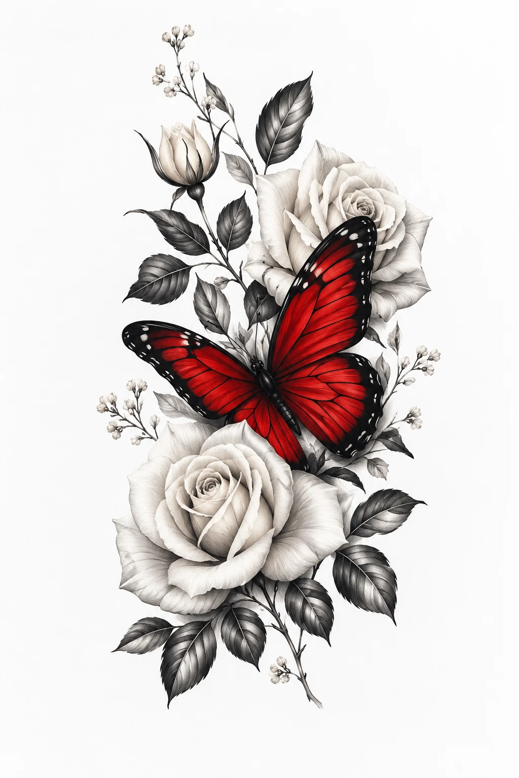 Red Butterfly With White Roses — butterfly with flowers tattoo style outfit