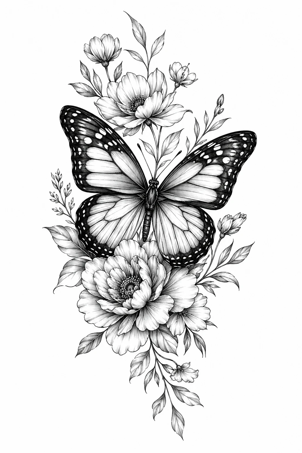 Large Botanical Butterfly With Flowers Tattoo — butterfly with flowers tattoo style outfit