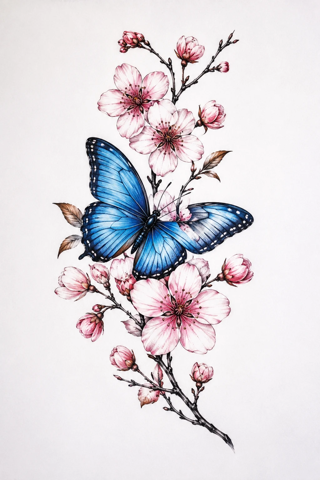 Blue Butterfly and Cherry Blossoms — butterfly with flowers tattoo style outfit