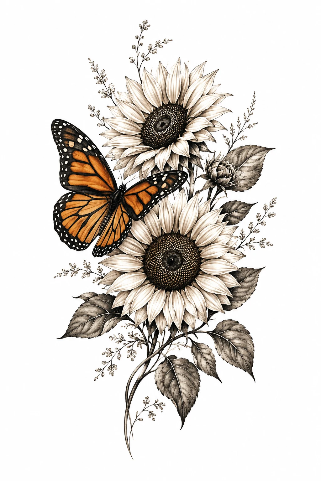 Monarch Butterfly With Sunflowers — butterfly with flowers tattoo style outfit