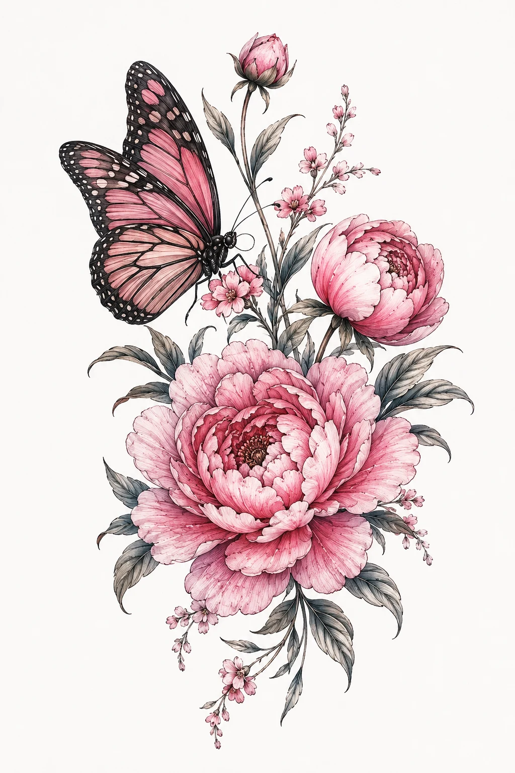 Pink Peony Butterfly — butterfly with flowers tattoo style outfit