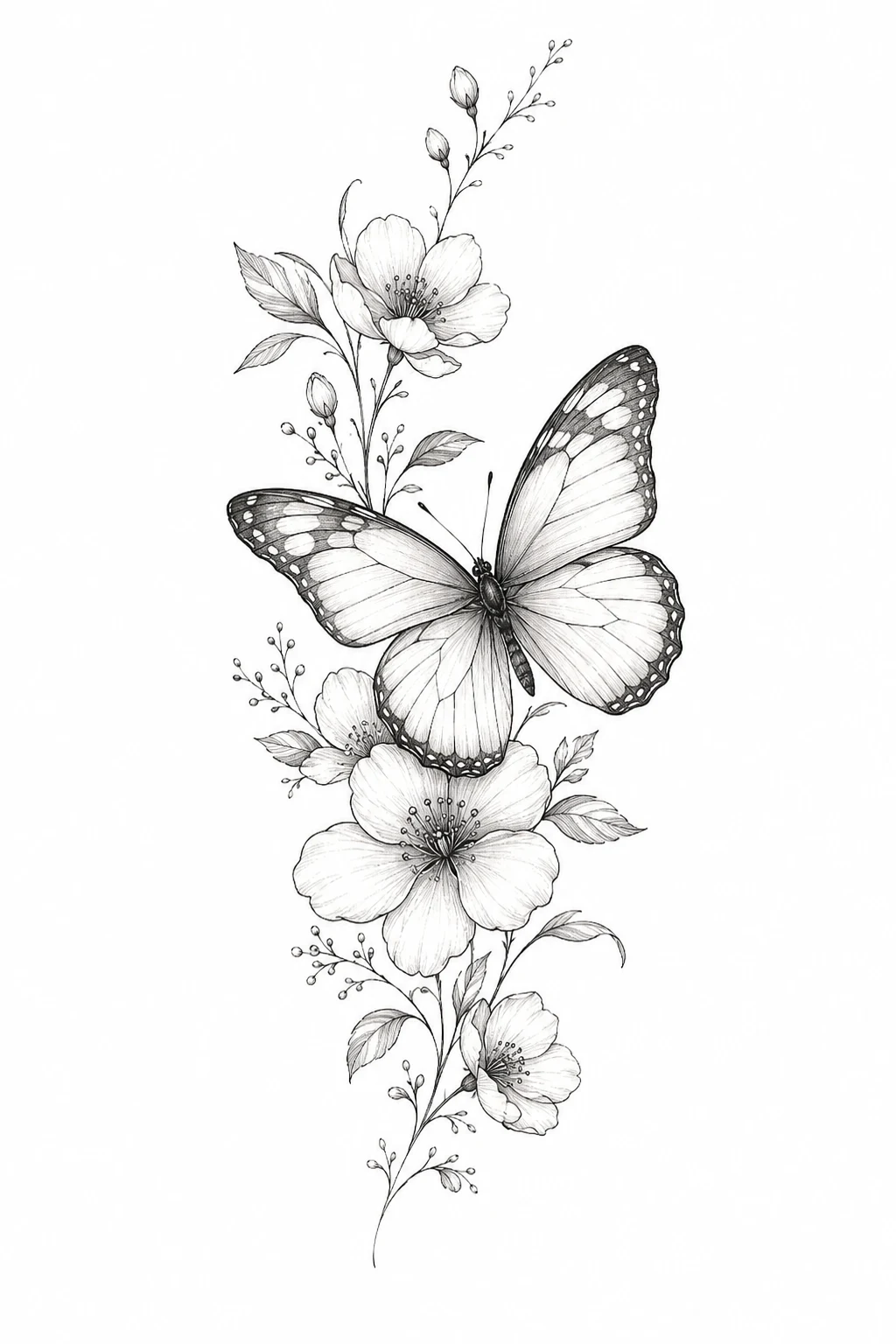 Fine-Line Floral Butterfly — butterfly with flowers tattoo style outfit