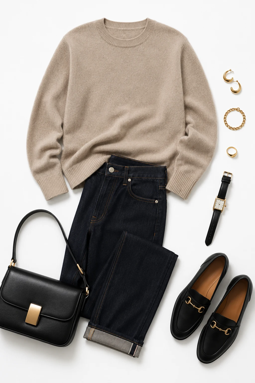 The Cashmere Crewneck and Dark Jeans: Fine Knit + Rigid Denim — classic basic outfits for women style outfit