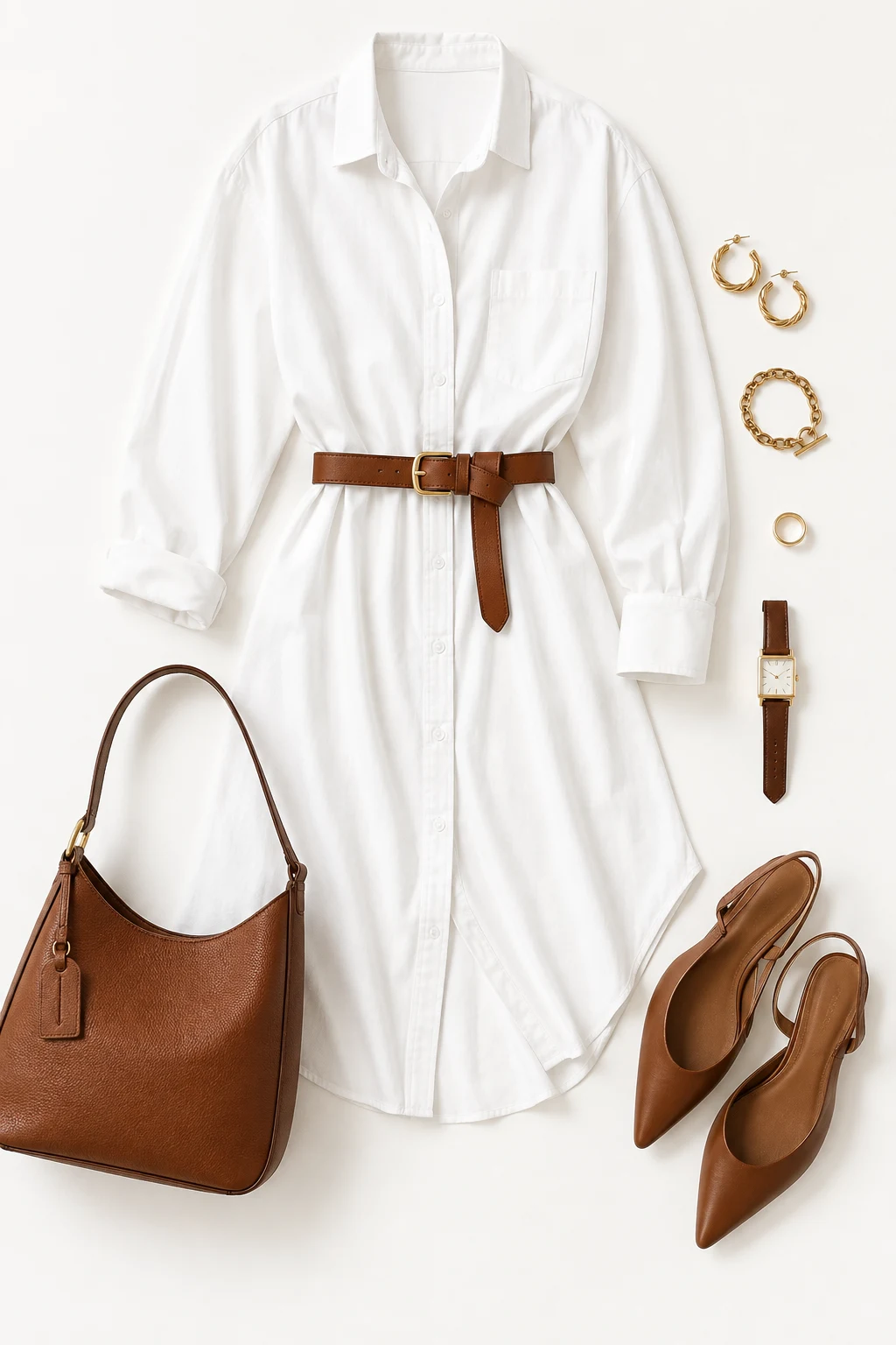 The White Shirt Dress and Leather Belt: Cotton Poplin + Structured Leather — classic basic outfits for women style outfit