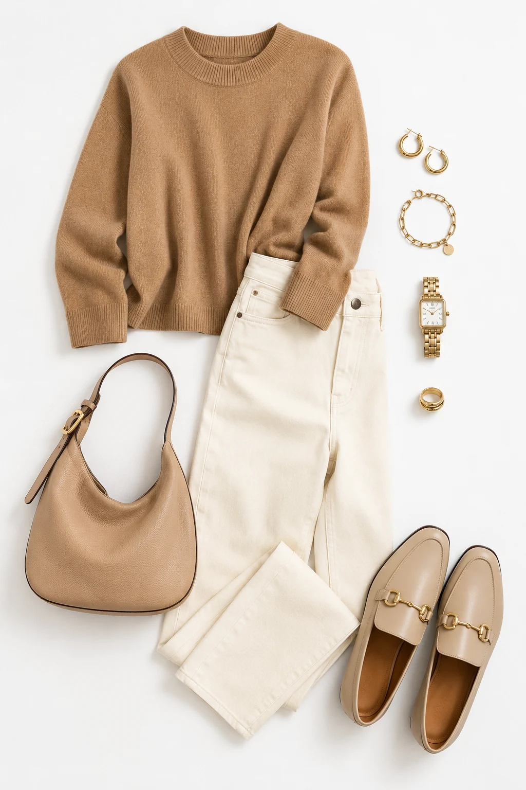 The Camel Sweater and White Jeans: Neutral Knit + Ecru Denim — classic basic outfits for women style outfit