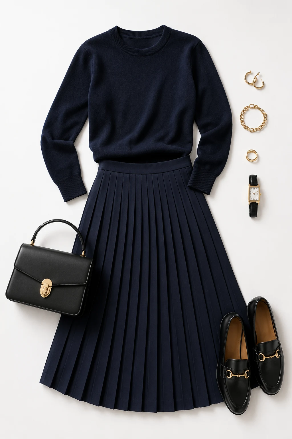 The Navy Knit and Pleated Skirt: Wool + Knife Pleats — classic basic outfits for women style outfit