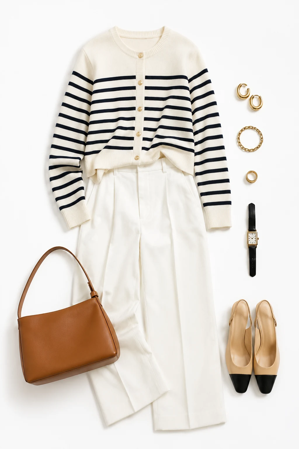 The Breton Cardigan and White Trousers: Striped Knit + Cotton Twill — classic basic outfits for women style outfit