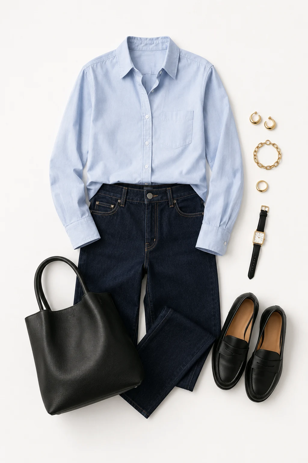 The Leather Loafer Uniform: Button-Down + Dark Denim + Penny Loafers — classic basic outfits for women style outfit
