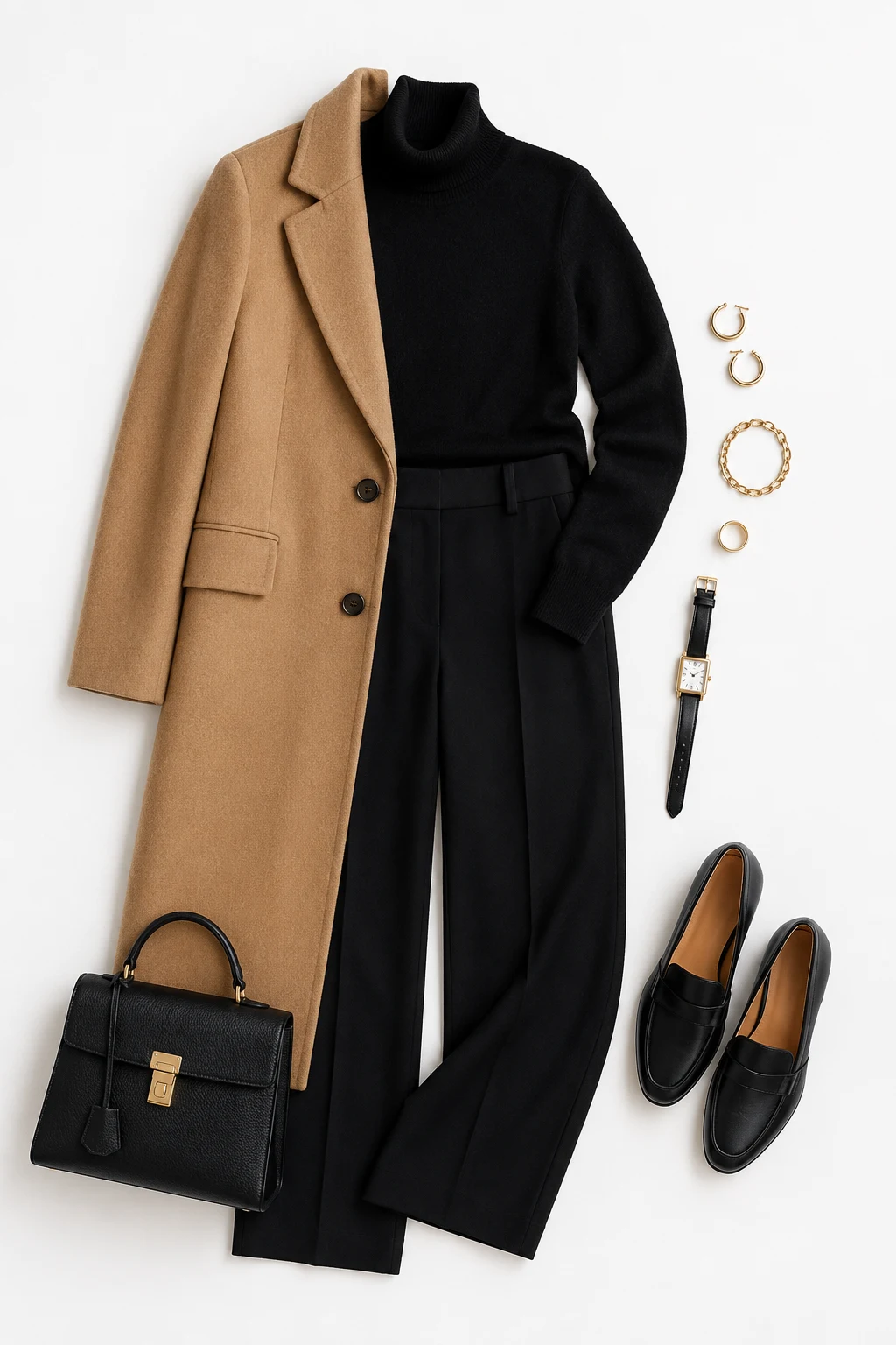 The Camel Coat and Black Knit: Wool + Fine-Gauge Cashmere — classic basic outfits for women style outfit