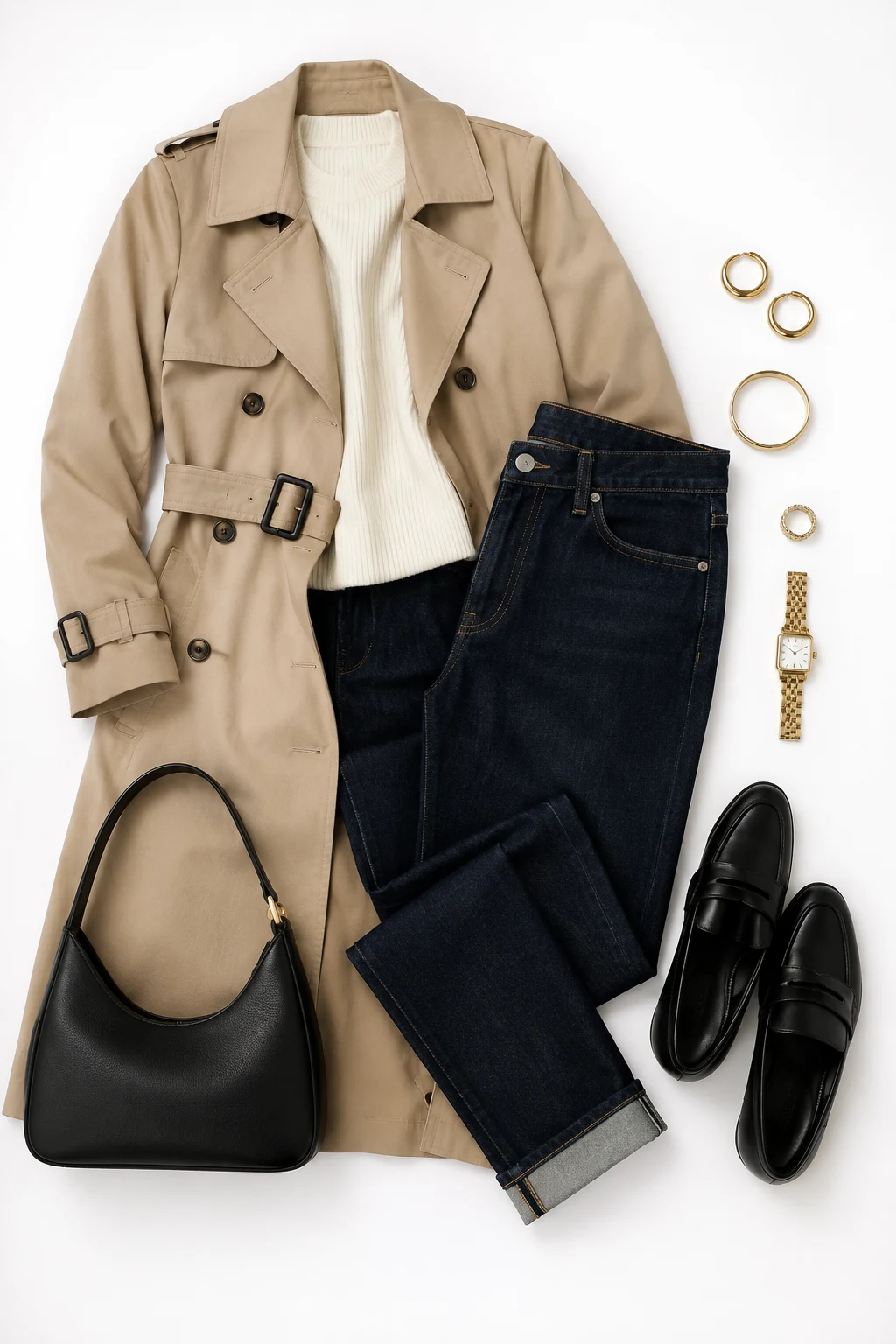 The Trench Coat and Dark Denim: Cotton Gabardine + Indigo Jeans — classic basic outfits for women style outfit