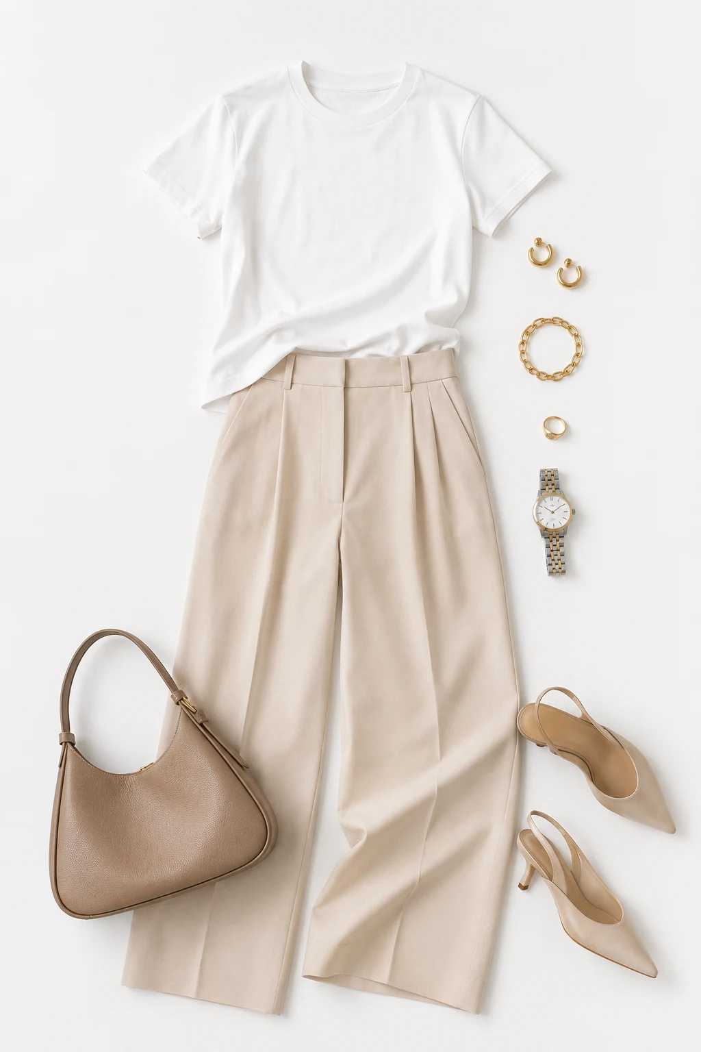 The White Tee and Pleated Trousers: Jersey + High-Rise Wool — classic basic outfits for women style outfit
