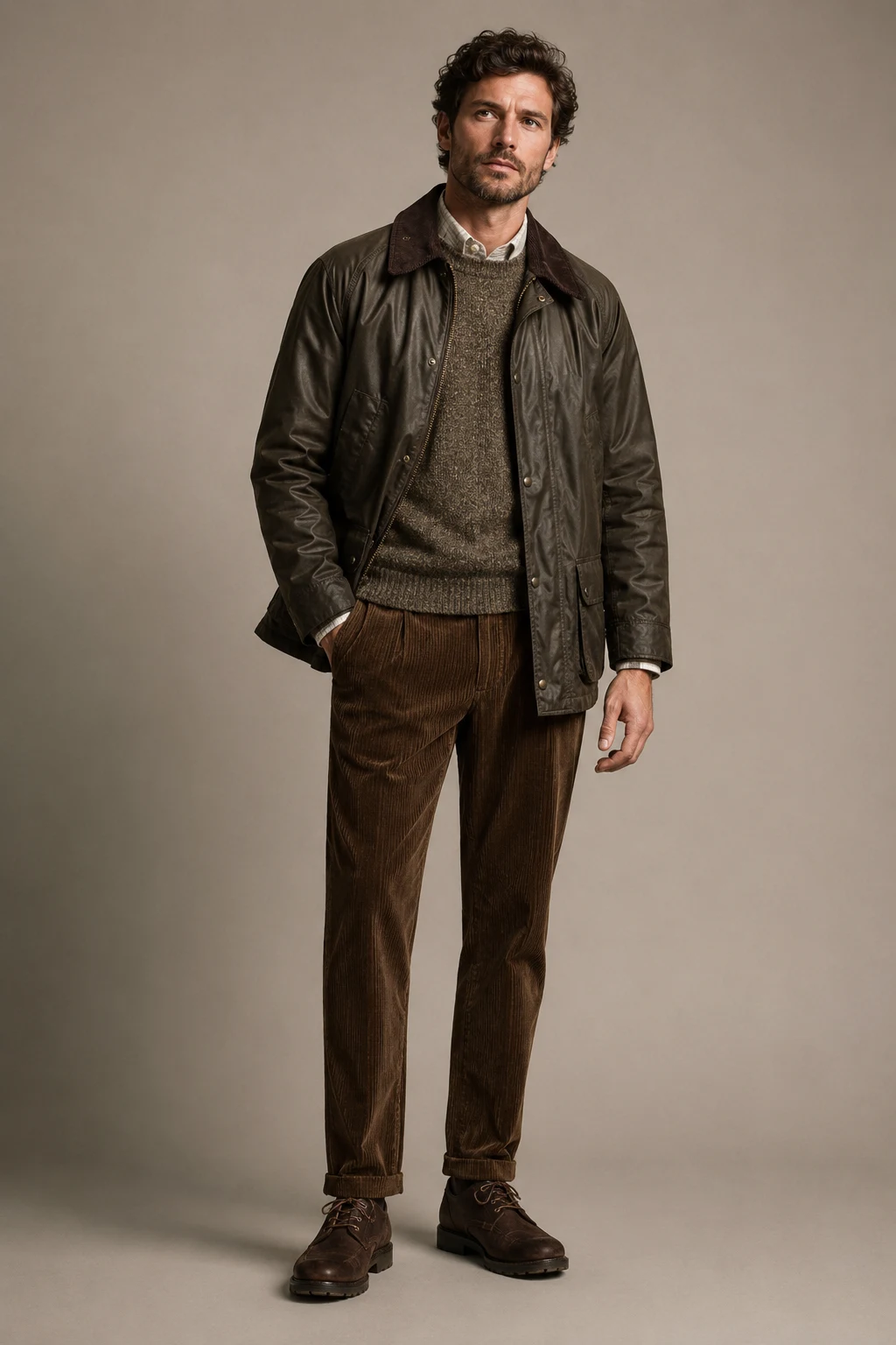 The British Country Classic: Waxed Jacket, Knitwear, and Corduroy — classic basic outfits men style outfit, worn by a stylish man