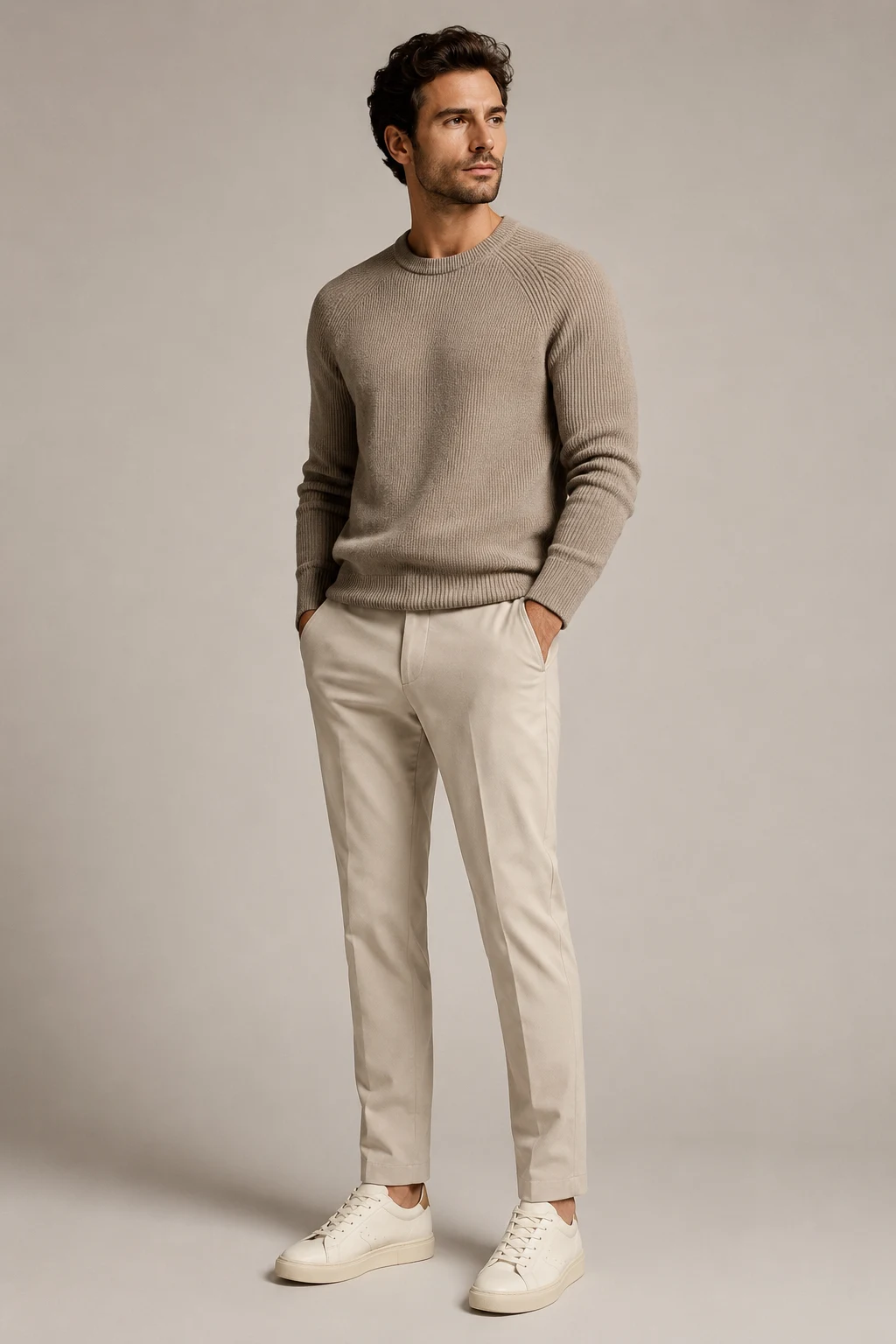 The Minimalist Scandinavian Uniform: Knit, Straight Trousers, and Leather Sneakers — classic basic outfits men style outfit, worn by a stylish man
