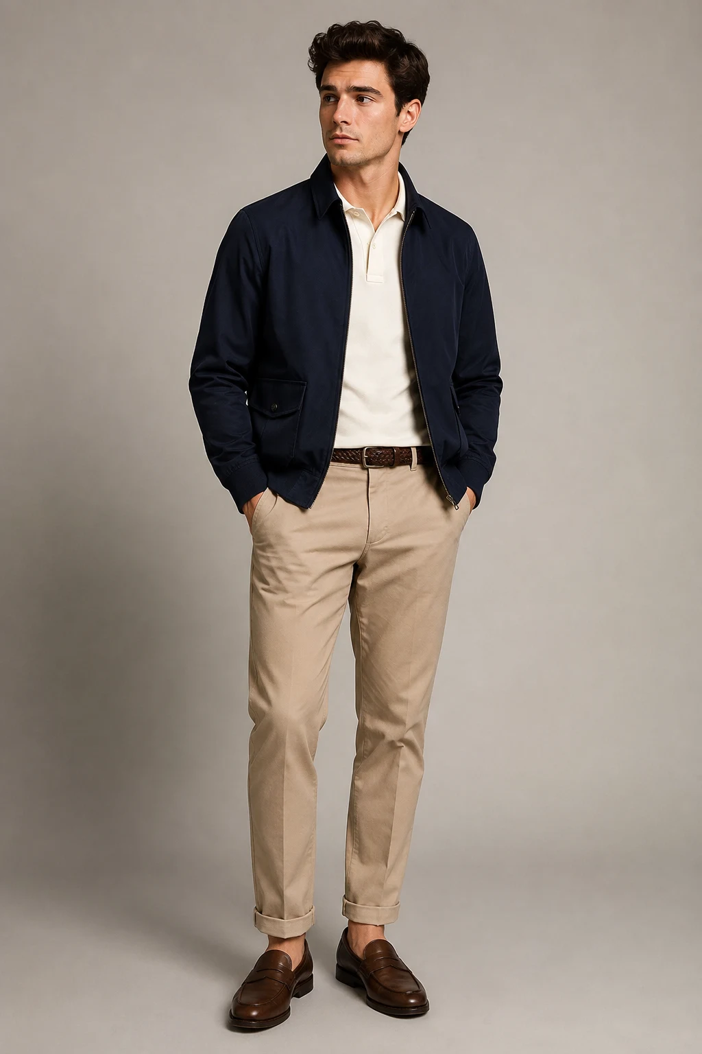 The American Sportswear Classic: Harrington Jacket, Polo, and Chinos — classic basic outfits men style outfit, worn by a stylish man