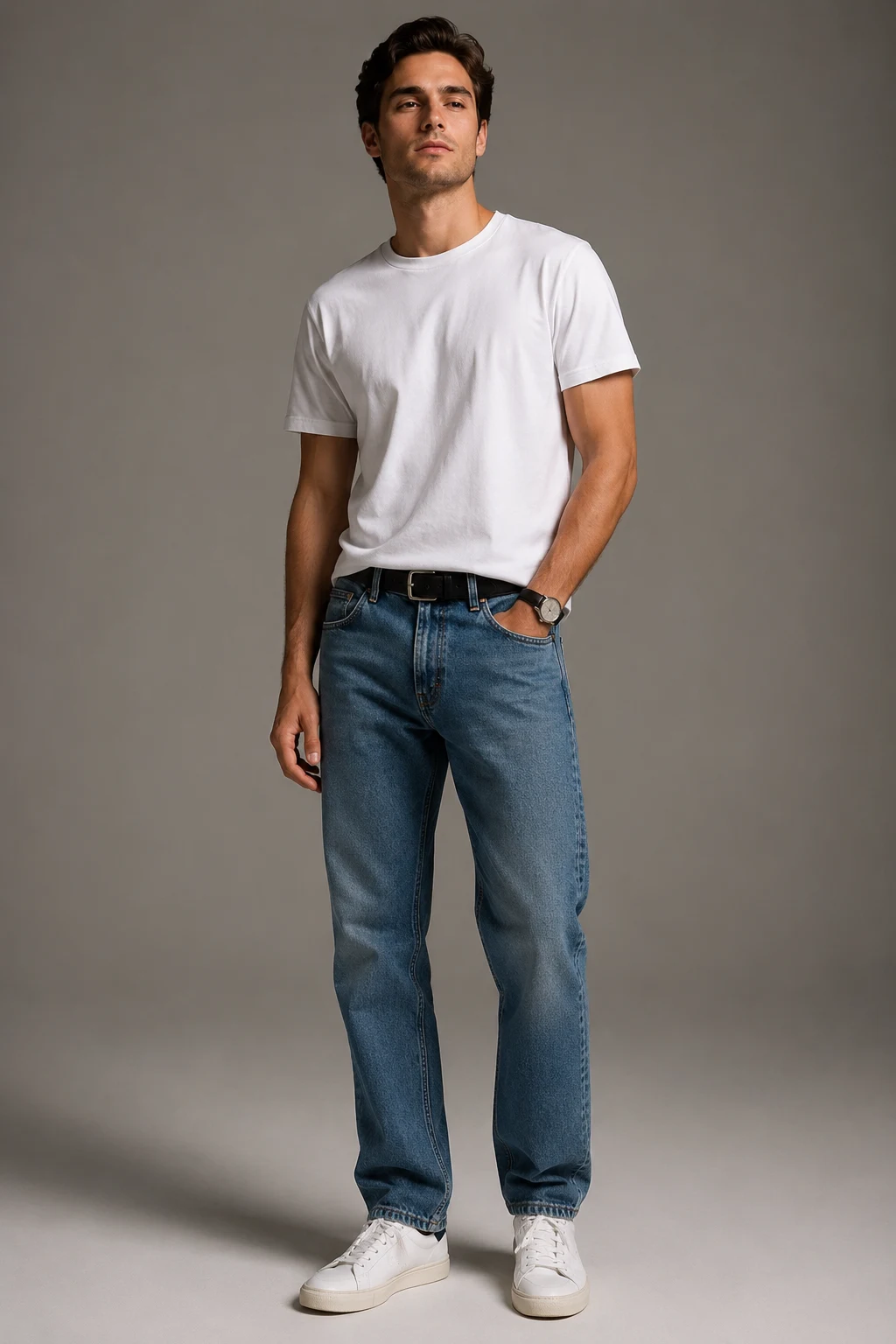 The 1990s Minimalist: White Tee, Straight Jeans, and Simple Sneakers — classic basic outfits men style outfit, worn by a stylish man