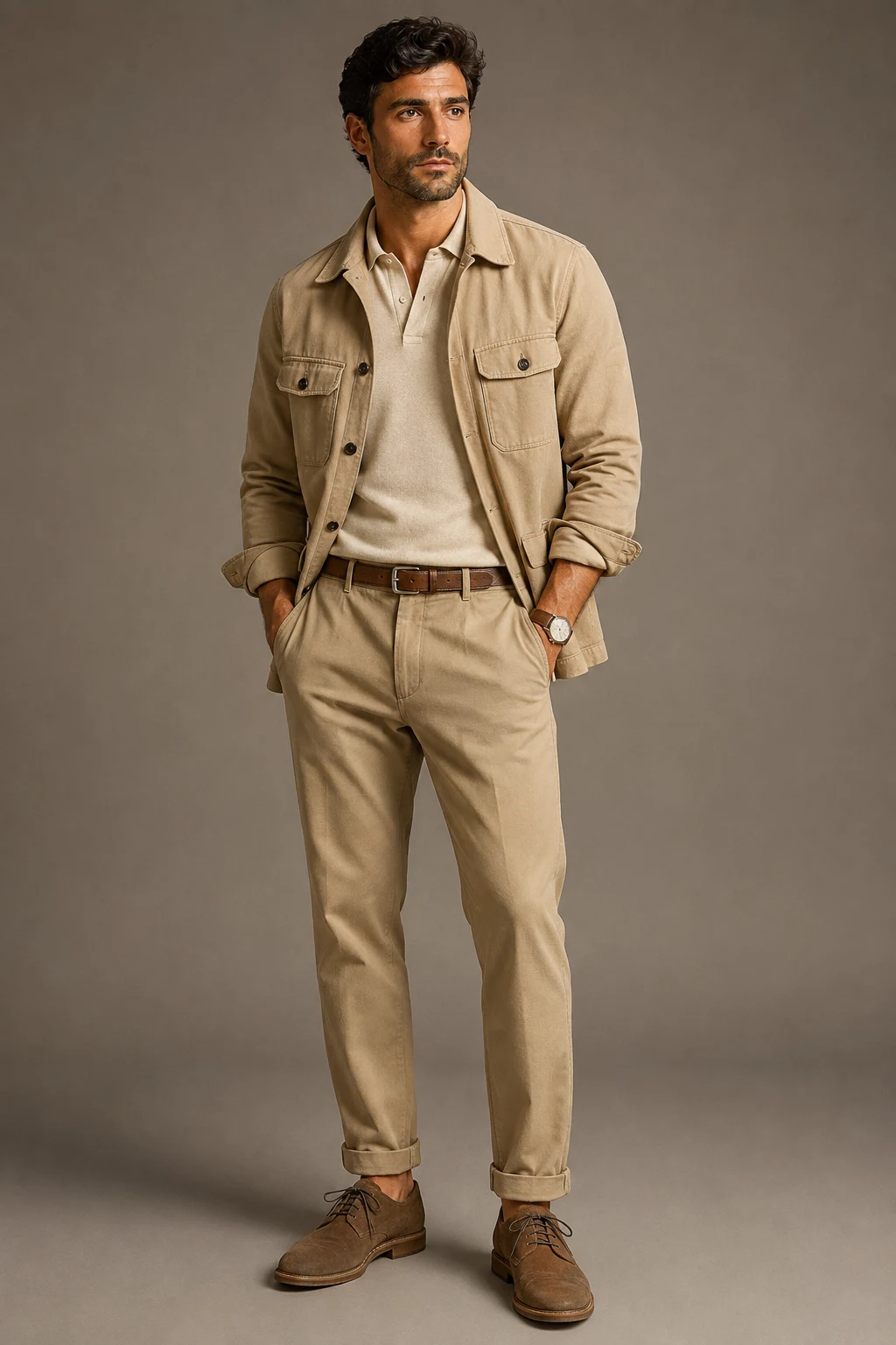 The Safari-Inspired Utility Look: Overshirt, Chinos, and Suede Shoes — classic basic outfits men style outfit, worn by a stylish man