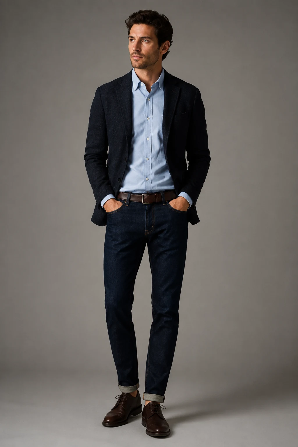 The Dark Denim Smart-Casual Look: Oxford Shirt, Indigo Jeans, and Derbies — classic basic outfits men style outfit, worn by a stylish man