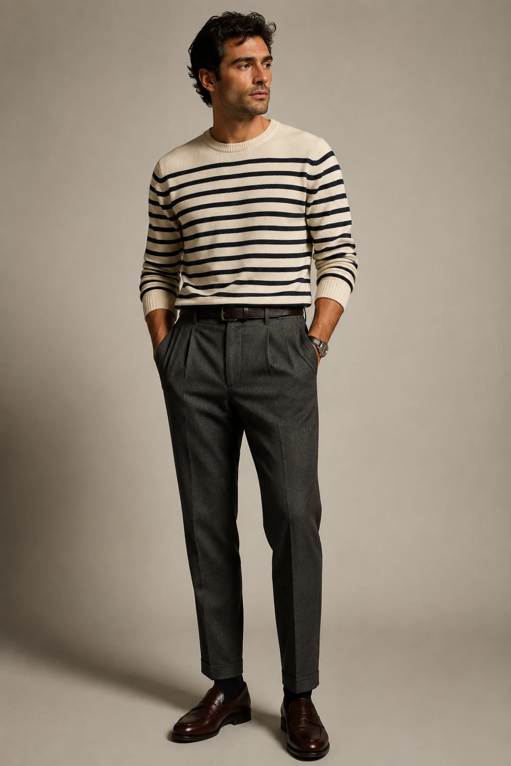 The Continental Weekend Look: Breton Knit, Wool Trousers, and Loafers — classic basic outfits men style outfit, worn by a stylish man